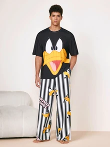 LOONEY TUNES X SHEIN Men's Cartoon Print Round Neck Short Sleeve Top And Striped Print Pants Casual Pajama Set - Black - View 1
