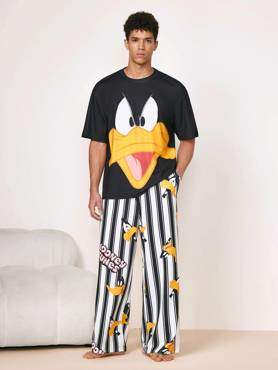 LOONEY TUNES X SHEIN Men's Cartoon Print Round Neck Short Sleeve Top And Striped Print Pants Casual Pajama Set - Black - View 1