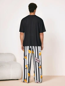 LOONEY TUNES X SHEIN Men's Cartoon Print Round Neck Short Sleeve Top And Striped Print Pants Casual Pajama Set - Black - View 2