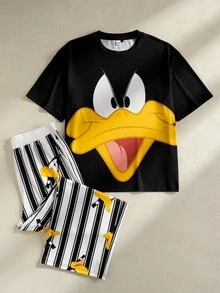 LOONEY TUNES X SHEIN Men's Cartoon Print Round Neck Short Sleeve Top And Striped Print Pants Casual Pajama Set - Black - View 6