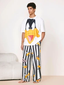 LOONEY TUNES X SHEIN Men's Cartoon Print Top & Striped Long Pants Loungewear Set - White - View 5
