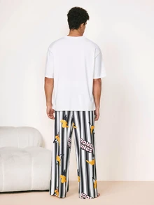 LOONEY TUNES X SHEIN Men's Cartoon Print Top & Striped Long Pants Loungewear Set - White - View 2