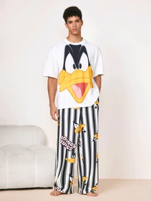 LOONEY TUNES X SHEIN Men's Cartoon Print Top & Striped Long Pants Loungewear Set - White - View 3