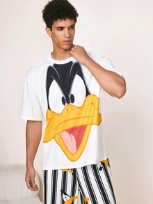 LOONEY TUNES X SHEIN Men's Cartoon Print Top & Striped Long Pants Loungewear Set - White - View 4
