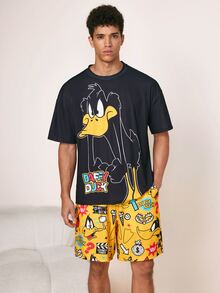 LOONEY TUNES X SHEIN Men's Cartoon Print Round Neck Short Sleeve Top And Pocket Drawstring Waist Shorts Loungewear Set - Black - View 1