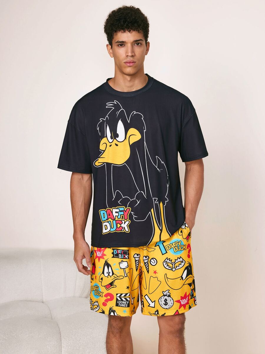 LOONEY TUNES X SHEIN Men's Cartoon Print Round Neck Short Sleeve Top And Pocket Drawstring Waist Shorts Loungewear Set - Black - View 1