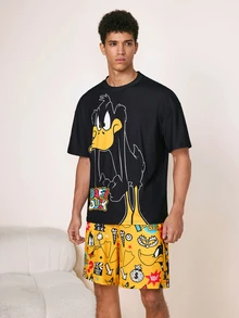 LOONEY TUNES X SHEIN Men's Cartoon Print Round Neck Short Sleeve Top And Pocket Drawstring Waist Shorts Loungewear Set - Black - View 4