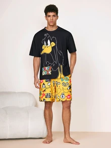 LOONEY TUNES X SHEIN Men's Cartoon Print Round Neck Short Sleeve Top And Pocket Drawstring Waist Shorts Loungewear Set - Black - View 5