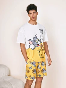 TOM & JERRY X SHEIN Men's Cartoon Print Short Sleeve Top And Shorts Loungewear Set - Yellow - View 1