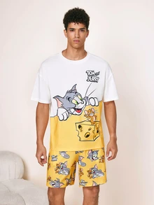 TOM & JERRY X SHEIN Men's Cartoon Print Short Sleeve Top And Shorts Loungewear Set - Yellow - View 3