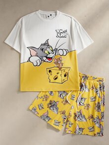 TOM & JERRY X SHEIN Men's Cartoon Print Short Sleeve Top And Shorts Loungewear Set - Yellow - View 7