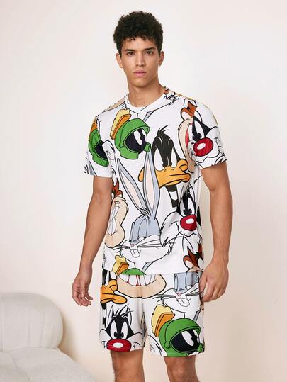 LOONEY TUNES X SHEIN Men's Cartoon Print Top & Shorts Loungewear Set
