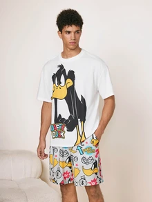 LOONEY TUNES X SHEIN Men's Comfortable Duck Print Short Sleeve T-Shirt And Drawstring Waist Shorts Pajama Set, Summer - White - View 3