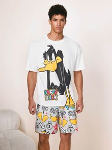 LOONEY TUNES X SHEIN Men's Comfortable Duck Print Short Sleeve T-Shirt And Drawstring Waist Shorts Pajama Set, Summer - White - View 1