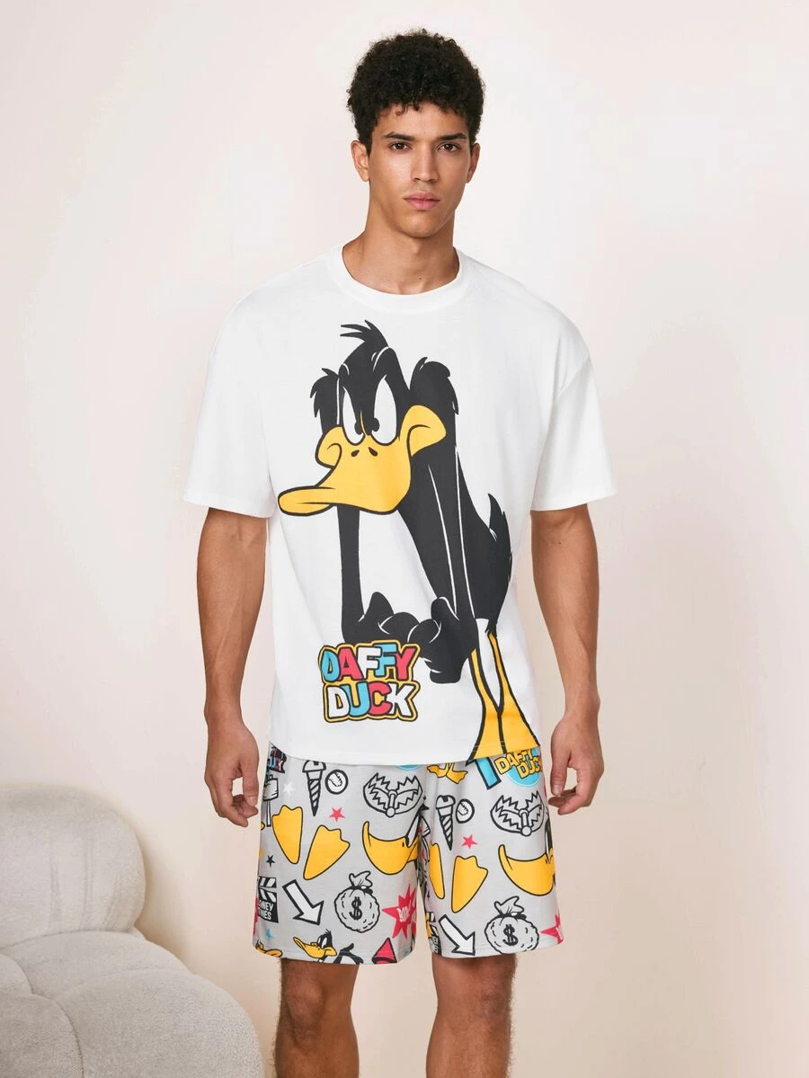 LOONEY TUNES X SHEIN Men's Comfortable Duck Print Short Sleeve T-Shirt And Drawstring Waist Shorts Pajama Set, Summer - White - View 1