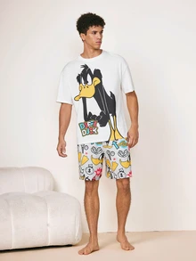 LOONEY TUNES X SHEIN Men's Comfortable Duck Print Short Sleeve T-Shirt And Drawstring Waist Shorts Pajama Set, Summer - White - View 5