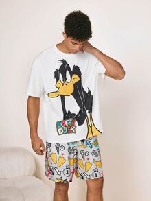 LOONEY TUNES X SHEIN Men's Comfortable Duck Print Short Sleeve T-Shirt And Drawstring Waist Shorts Pajama Set, Summer - White - View 4
