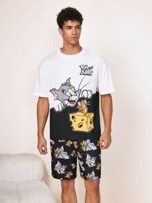 TOM & JERRY X SHEIN Men's Cartoon Print Round Neck Short Sleeve Top And Elastic Waist Shorts Pajama Set - Black and White - View 1