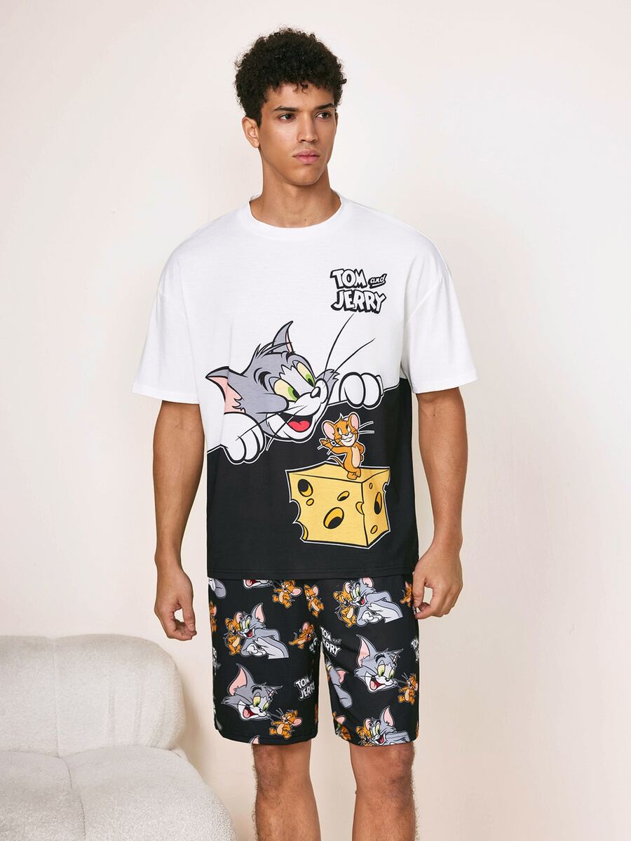 TOM & JERRY X SHEIN Men's Cartoon Print Round Neck Short Sleeve Top And Elastic Waist Shorts Pajama Set - Black and White - View 1