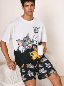 TOM & JERRY X SHEIN Men's Cartoon Print Round Neck Short Sleeve Top And Elastic Waist Shorts Pajama Set - Black and White - View 5