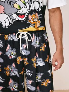 TOM & JERRY X SHEIN Men's Cartoon Print Round Neck Short Sleeve Top And Elastic Waist Shorts Pajama Set - Black and White - View 6