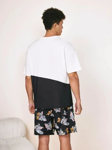 TOM & JERRY X SHEIN Men's Cartoon Print Round Neck Short Sleeve Top And Elastic Waist Shorts Pajama Set - Black and White - View 2