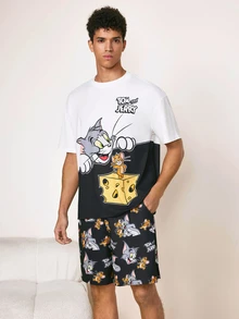 TOM & JERRY X SHEIN Men's Cartoon Print Round Neck Short Sleeve Top And Elastic Waist Shorts Pajama Set - Black and White - View 4