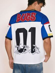 LOONEY TUNES X SHEIN Men's Letter Print V-Neck Short Sleeve T-Shirt Retro Color-Block Jersey - White - View 2