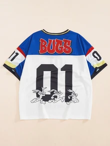 LOONEY TUNES X SHEIN Men's Letter Print V-Neck Short Sleeve T-Shirt Retro Color-Block Jersey - White - View 7