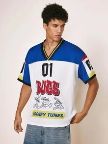 LOONEY TUNES X SHEIN Men's Letter Print V-Neck Short Sleeve T-Shirt Retro Color-Block Jersey - White - View 4