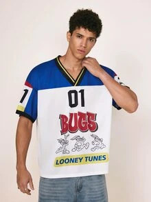 LOONEY TUNES X SHEIN Men's Letter Print V-Neck Short Sleeve T-Shirt Retro Color-Block Jersey - White - View 3