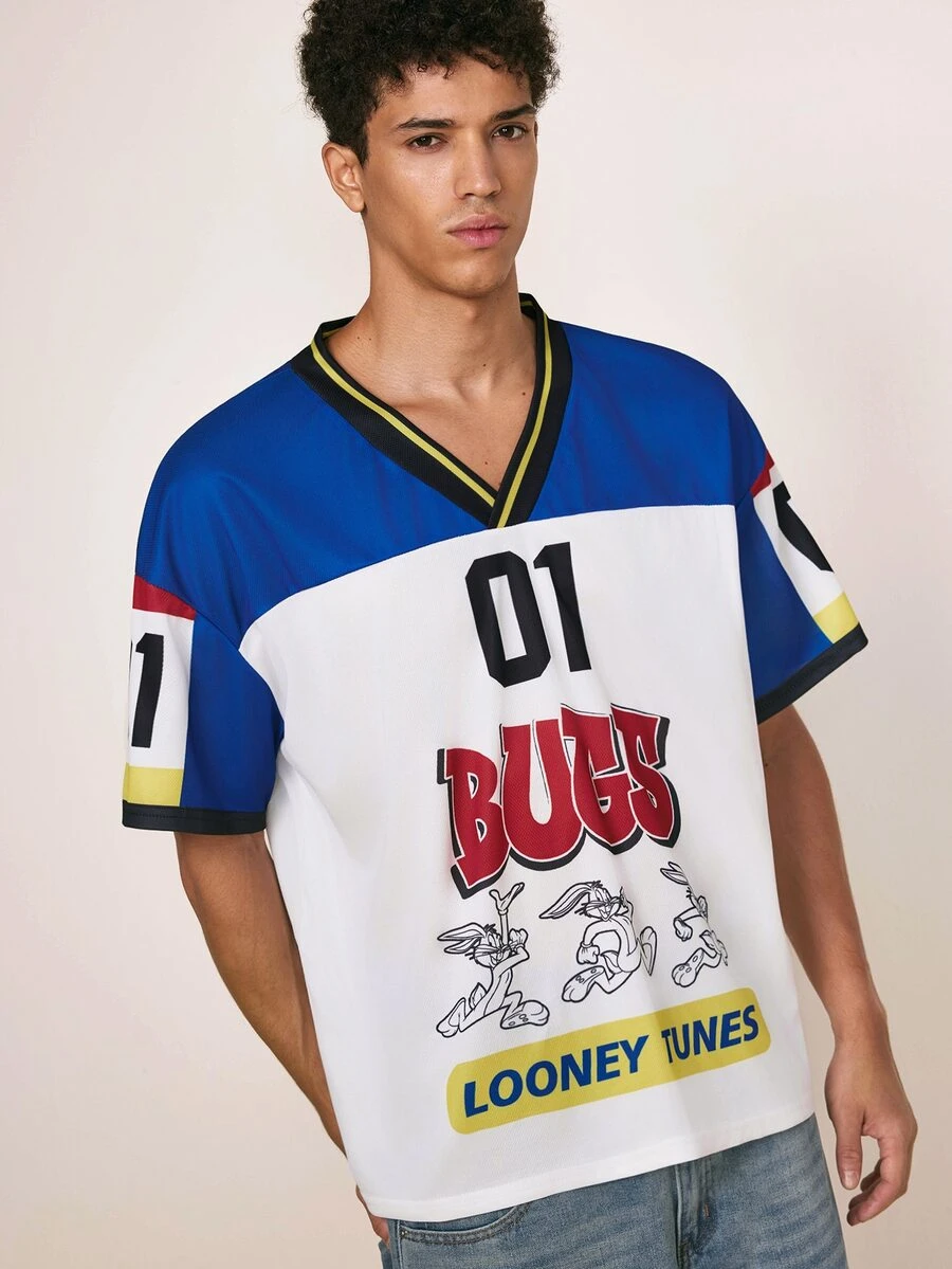 LOONEY TUNES X SHEIN Men's Letter Print V-Neck Short Sleeve T-Shirt Retro Color-Block Jersey - White - View 1