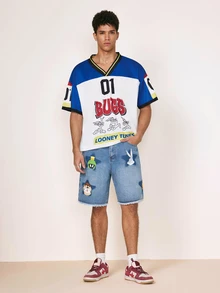 LOONEY TUNES X SHEIN Men's Letter Print V-Neck Short Sleeve T-Shirt Retro Color-Block Jersey - White - View 5
