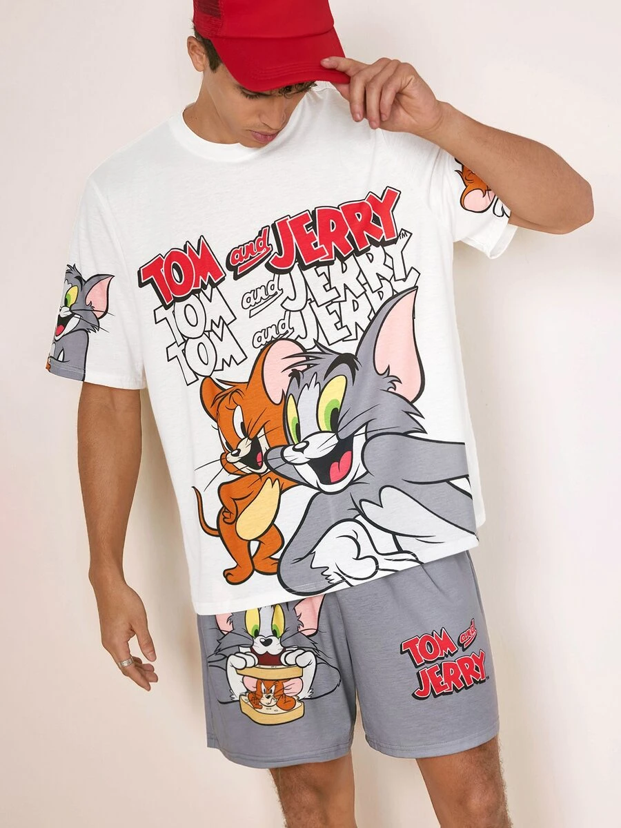 TOM & JERRY X SHEIN Men's Cartoon Print T-Shirt And Shorts Set - White - View 1