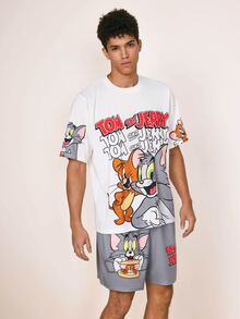 TOM & JERRY X SHEIN Men's Cartoon Print T-Shirt And Shorts Set - White - View 4