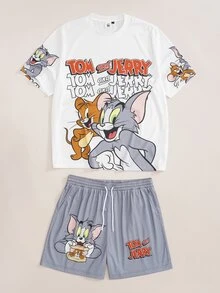 TOM & JERRY X SHEIN Men's Cartoon Print T-Shirt And Shorts Set - White - View 8