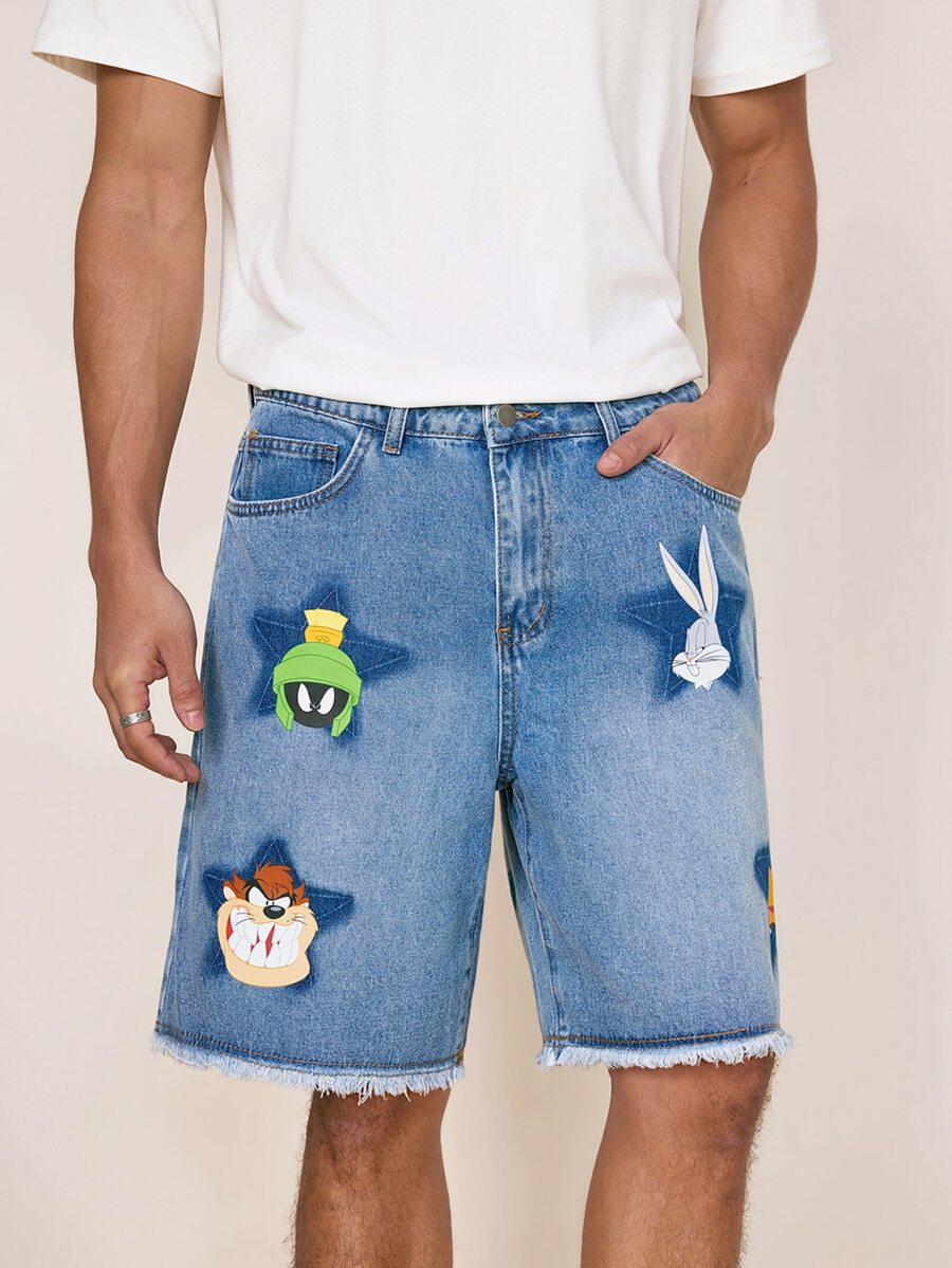 LOONEY TUNES X SHEIN 男士休闲毛边口袋牛仔短裤 - 藍色 - 查看 1