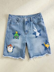 LOONEY TUNES X SHEIN 男士休闲毛边口袋牛仔短裤 - 藍色 - 查看 6