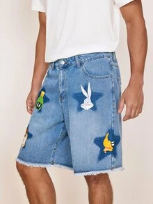 LOONEY TUNES X SHEIN 男士休闲毛边口袋牛仔短裤 - 藍色 - 查看 3