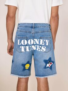 LOONEY TUNES X SHEIN 男士休闲毛边口袋牛仔短裤 - 藍色 - 查看 2