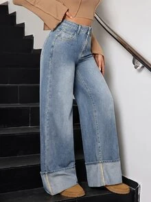 SHEIN Tall Celana Jeans Denim Wanita Model Lebar, Longgar, Kasual, Serbaguna dengan Kantong - Medium Wash - View 3