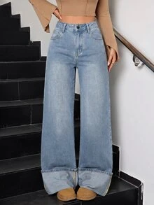 SHEIN Tall Celana Jeans Denim Wanita Model Lebar, Longgar, Kasual, Serbaguna dengan Kantong - Medium Wash - View 6