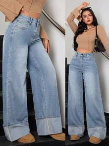 SHEIN Tall Celana Jeans Denim Wanita Model Lebar, Longgar, Kasual, Serbaguna dengan Kantong - Medium Wash - View 1