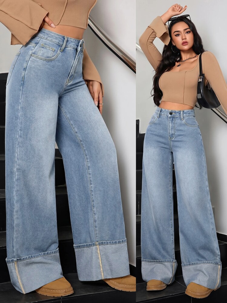SHEIN Tall بنطلون جينز نسائي واسع الساق فضفاض كاجوال متعدد الاستخدامات مع جيوب - أزرق متوسط - مشاهدة 1