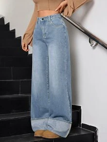 SHEIN Tall Celana Jeans Denim Wanita Model Lebar, Longgar, Kasual, Serbaguna dengan Kantong - Medium Wash - View 5