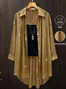 Comfylo Curve 大尺碼女款優雅休閒法式風軟金屬色布料襯衫，秋季落肩長袖單排扣寬鬆正式晚裝 - 金色 - 查看 14