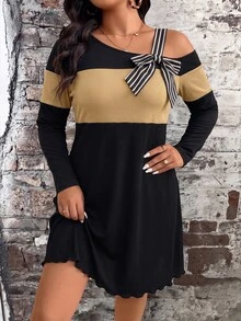 SHEIN LUNE CURVE Plus Size Women's Ribbed Elastic Knit Colorblock Casual Fashion Loose Ribbed Patchwork Long Sleeve Dress, Bow, Fashionable Elegant Commute Daily Fall - Multicolor - View 7