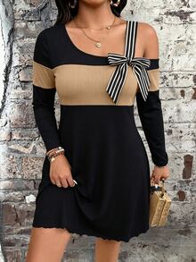 SHEIN LUNE CURVE Plus Size Women's Ribbed Elastic Knit Colorblock Casual Fashion Loose Ribbed Patchwork Long Sleeve Dress, Bow, Fashionable Elegant Commute Daily Fall - Multicolor - View 6