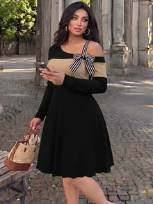 SHEIN LUNE CURVE Plus Size Women's Ribbed Elastic Knit Colorblock Casual Fashion Loose Ribbed Patchwork Long Sleeve Dress, Bow, Fashionable Elegant Commute Daily Fall - Multicolor - View 3