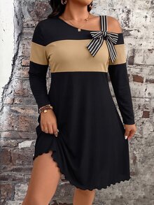 SHEIN LUNE CURVE Plus Size Women's Ribbed Elastic Knit Colorblock Casual Fashion Loose Ribbed Patchwork Long Sleeve Dress, Bow, Fashionable Elegant Commute Daily Fall - Multicolor - View 5